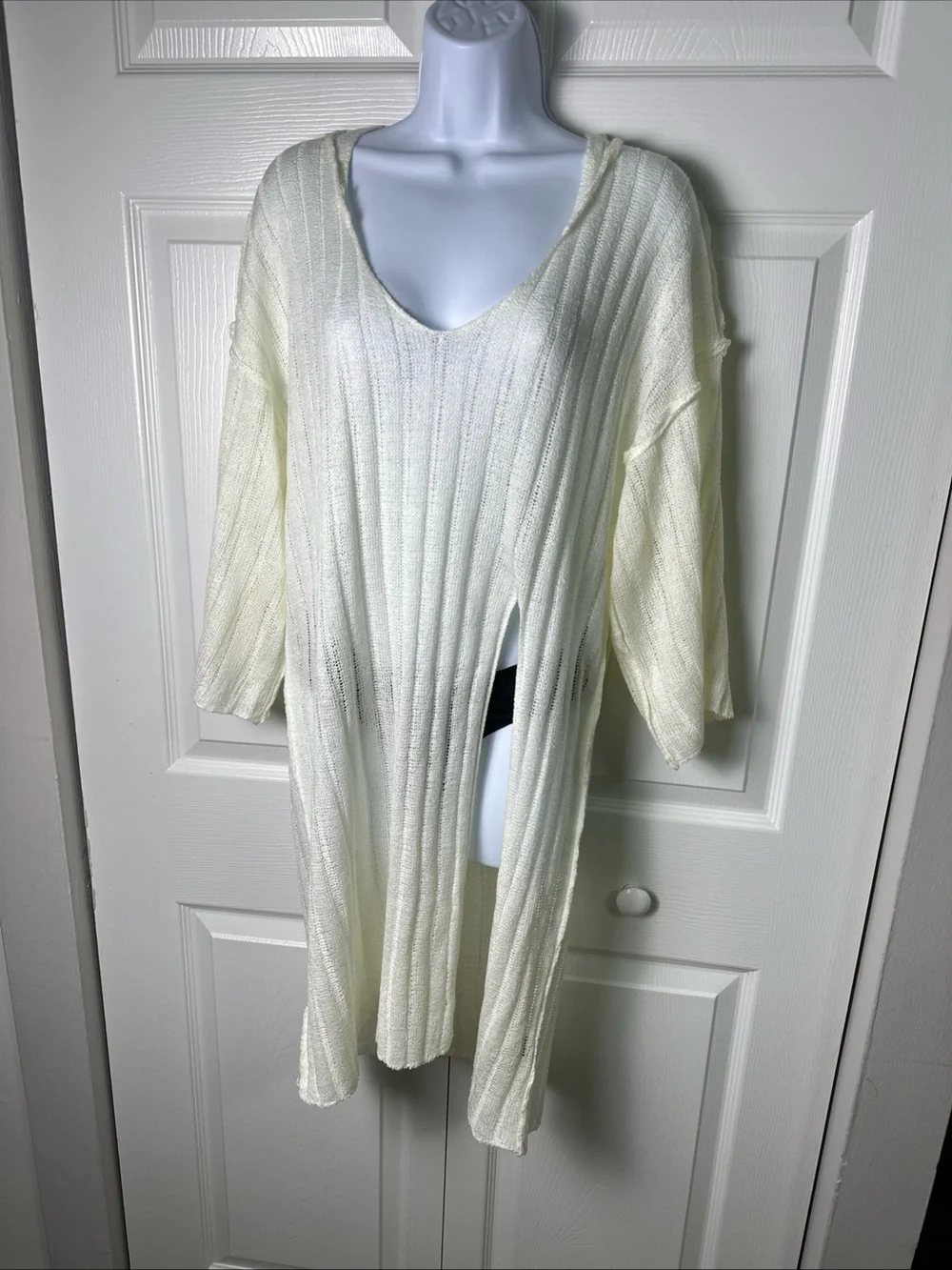 POL Lightweight Cream Ribbed V-Neck Long Sweater With Long Slit & Hood